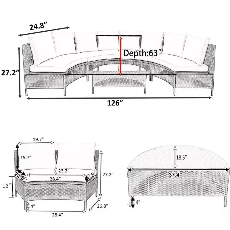 Whisen Pieces Outdoor PE Rattan Wicker Sofa Set, Patio Half-Moon Sofa Set with Tempered Glass Table