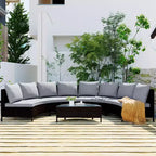Whisen Pieces Outdoor PE Rattan Wicker Sofa Set, Patio Half-Moon Sofa Set with Tempered Glass Table