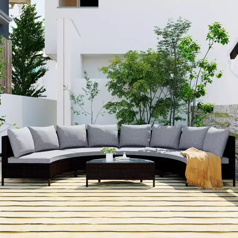 Whisen Pieces Outdoor PE Rattan Wicker Sofa Set, Patio Half-Moon Sofa Set with Tempered Glass Table