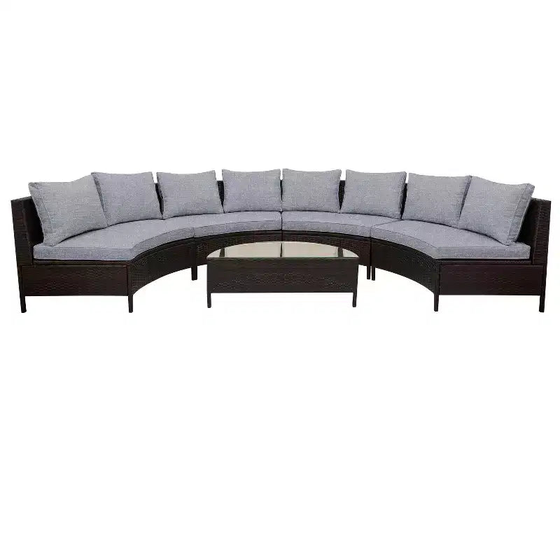 Whisen Pieces Outdoor PE Rattan Wicker Sofa Set, Patio Half-Moon Sofa Set with Tempered Glass Table