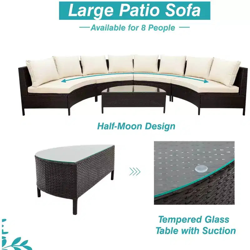 Whisen Pieces Outdoor PE Rattan Wicker Sofa Set, Patio Half-Moon Sofa Set with Tempered Glass Table