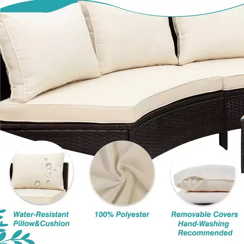 Whisen Pieces Outdoor PE Rattan Wicker Sofa Set, Patio Half-Moon Sofa Set with Tempered Glass Table