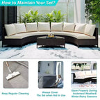 Whisen Pieces Outdoor PE Rattan Wicker Sofa Set, Patio Half-Moon Sofa Set with Tempered Glass Table