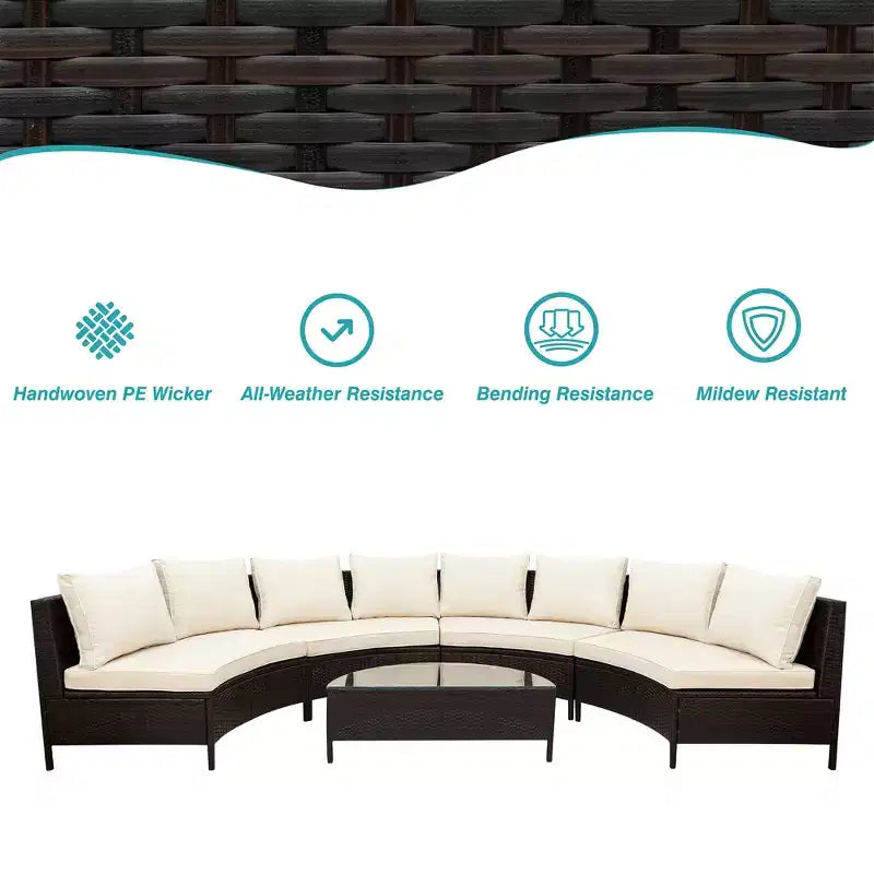 Whisen Pieces Outdoor PE Rattan Wicker Sofa Set, Patio Half-Moon Sofa Set with Tempered Glass Table