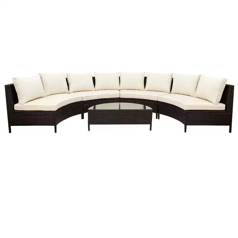 Whisen Pieces Outdoor PE Rattan Wicker Sofa Set, Patio Half-Moon Sofa Set with Tempered Glass Table