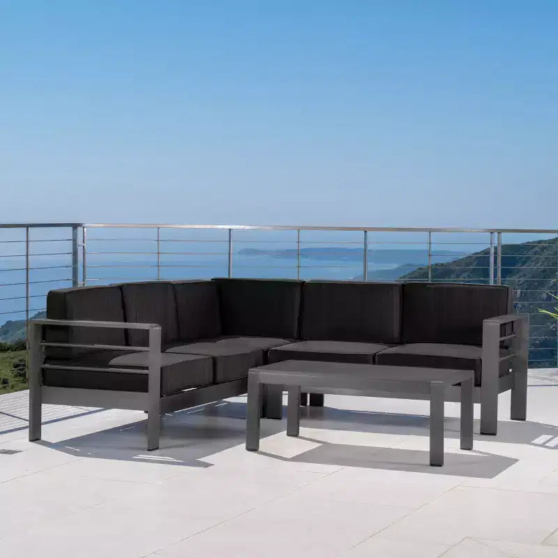 Christopher Knight Home Cape Coral Outdoor V-Shape Aluminum 5 Seater Sectional Sofa Set with Water-Resistant Cushions