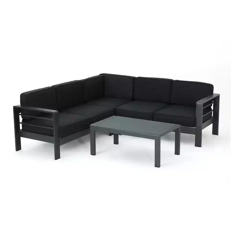 Christopher Knight Home Cape Coral Outdoor V-Shape Aluminum 5 Seater Sectional Sofa Set with Water-Resistant Cushions