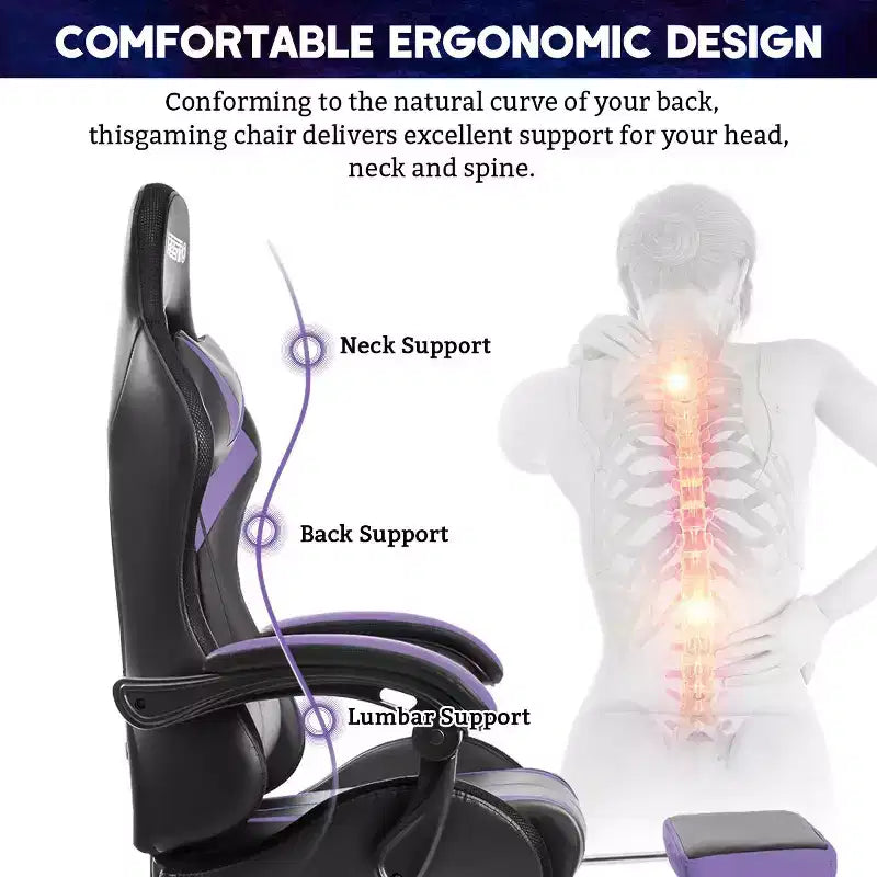 Hoffree Comfort Massage Racing Gaming Chair Ergonomic Office PC Chair with Footrest & RGB Light
