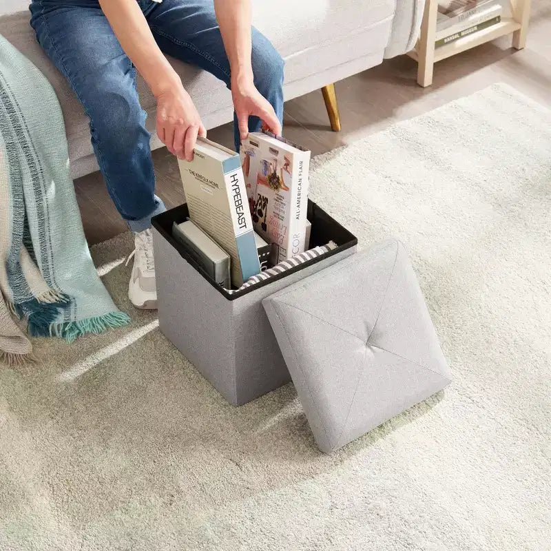 VECELO 46/30/15/11.8 Folding Storage Ottoman Bench, Storage Chest, Linen Fabric Foot Rest Stool, Storage Footstools, Folding Storage Ottoman