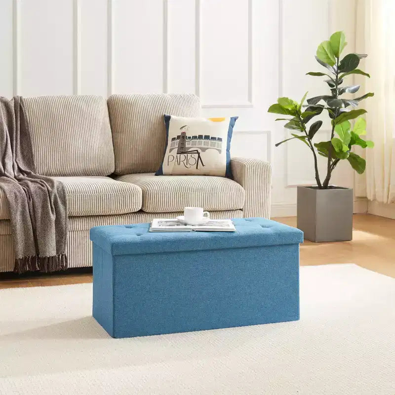VECELO 46/30/15/11.8 Folding Storage Ottoman Bench, Storage Chest, Linen Fabric Foot Rest Stool, Storage Footstools, Folding Storage Ottoman
