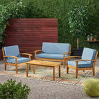 GDFStudio Keanu Outdoor Acacia Wood 4 Seater Chat Set with Cushions