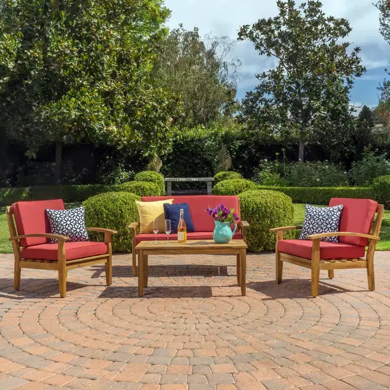 GDFStudio Keanu Outdoor Acacia Wood 4 Seater Chat Set with Cushions
