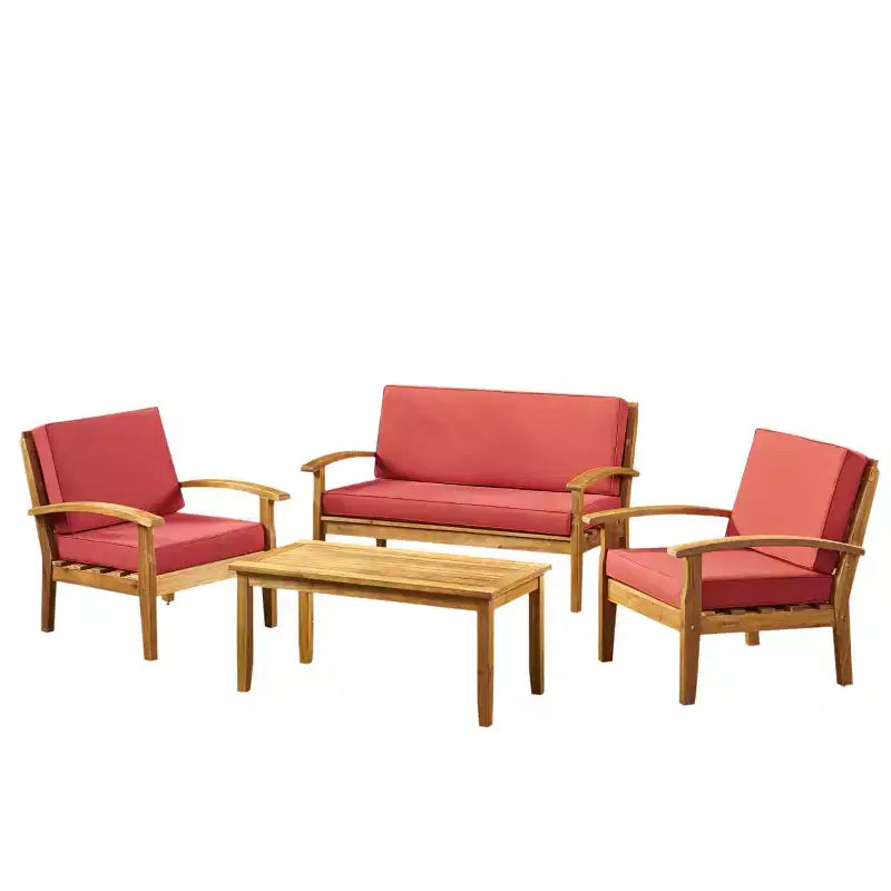 GDFStudio Keanu Outdoor Acacia Wood 4 Seater Chat Set with Cushions
