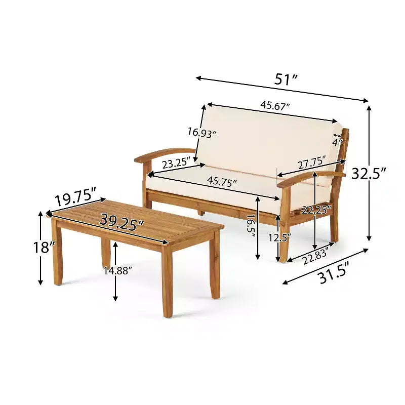 GDFStudio Keanu Outdoor Acacia Wood 4 Seater Chat Set with Cushions