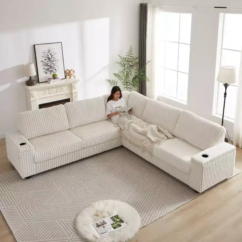 110-Inch Oversized Corduroy Corner Sofa, L-Shaped Corner Couch with Two Storage Spaces