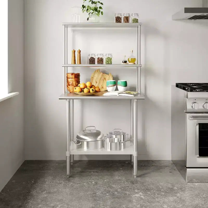 Flash Furniture Rawcliffe Portable Prep and Work Table with 18 Gauge Stainless Steel Top Shelf and Double Overshelves and Galvanized Steel Undershelf