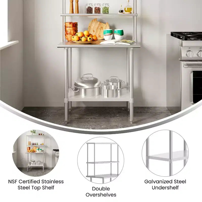 Flash Furniture Rawcliffe Portable Prep and Work Table with 18 Gauge Stainless Steel Top Shelf and Double Overshelves and Galvanized Steel Undershelf