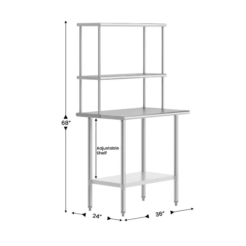 Flash Furniture Rawcliffe Portable Prep and Work Table with 18 Gauge Stainless Steel Top Shelf and Double Overshelves and Galvanized Steel Undershelf