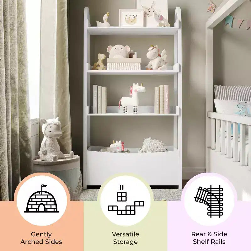 Étagère à livres ouverte Buzz & Bloom pour enfants avec 3 tablettes et bac de rangement inférieur, blanche