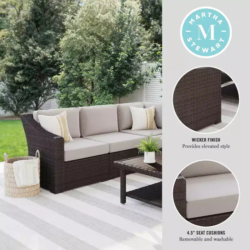 Martha Stewart Bedford Indoor-Outdoor Modular Patio 4-Seat Sectional Sofa in Rattan Wicker with All-Weather Cushions