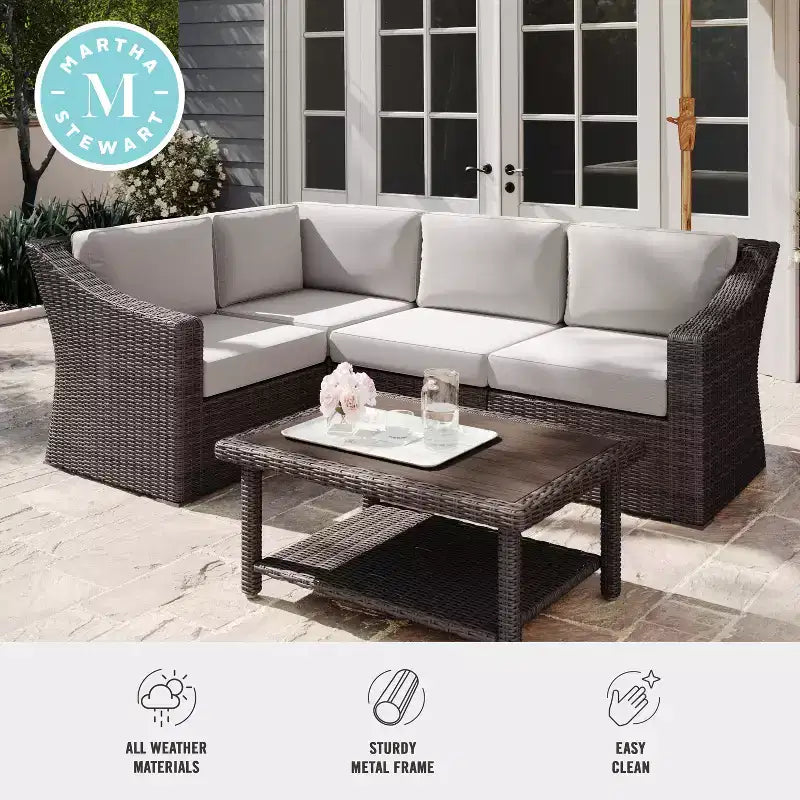 Martha Stewart Bedford Indoor-Outdoor Modular Patio 4-Seat Sectional Sofa in Rattan Wicker with All-Weather Cushions