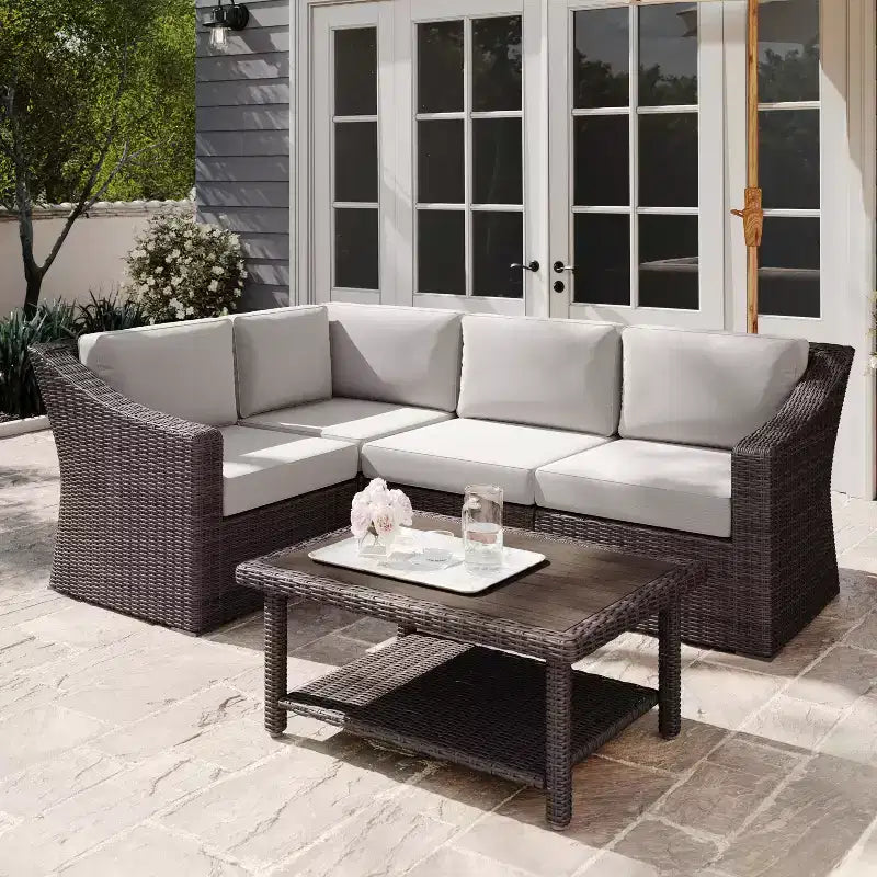 Martha Stewart Bedford Indoor-Outdoor Modular Patio 4-Seat Sectional Sofa in Rattan Wicker with All-Weather Cushions