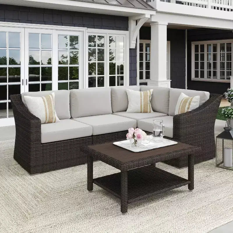 Martha Stewart Bedford Indoor-Outdoor Modular Patio 4-Seat Sectional Sofa in Rattan Wicker with All-Weather Cushions