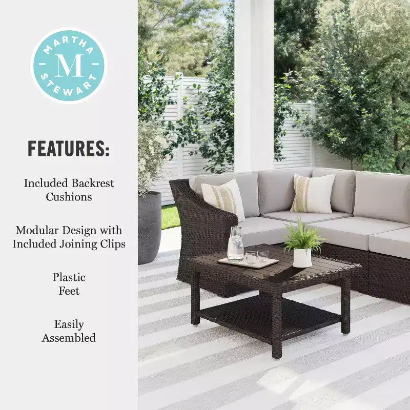 Martha Stewart Bedford Indoor-Outdoor Modular Patio 4-Seat Sectional Sofa in Rattan Wicker with All-Weather Cushions