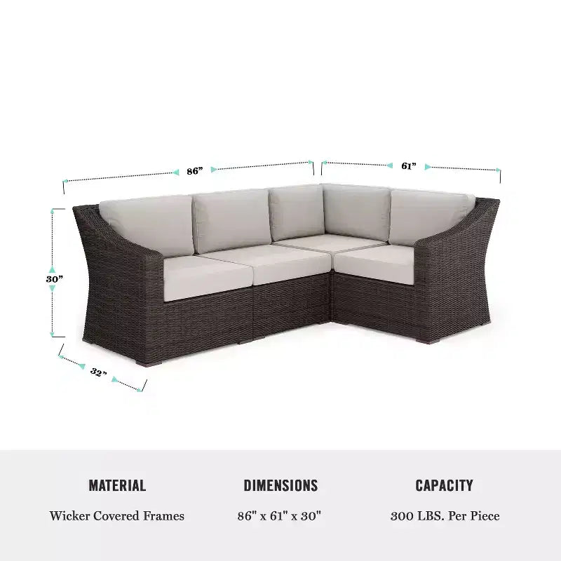 Martha Stewart Bedford Indoor-Outdoor Modular Patio 4-Seat Sectional Sofa in Rattan Wicker with All-Weather Cushions
