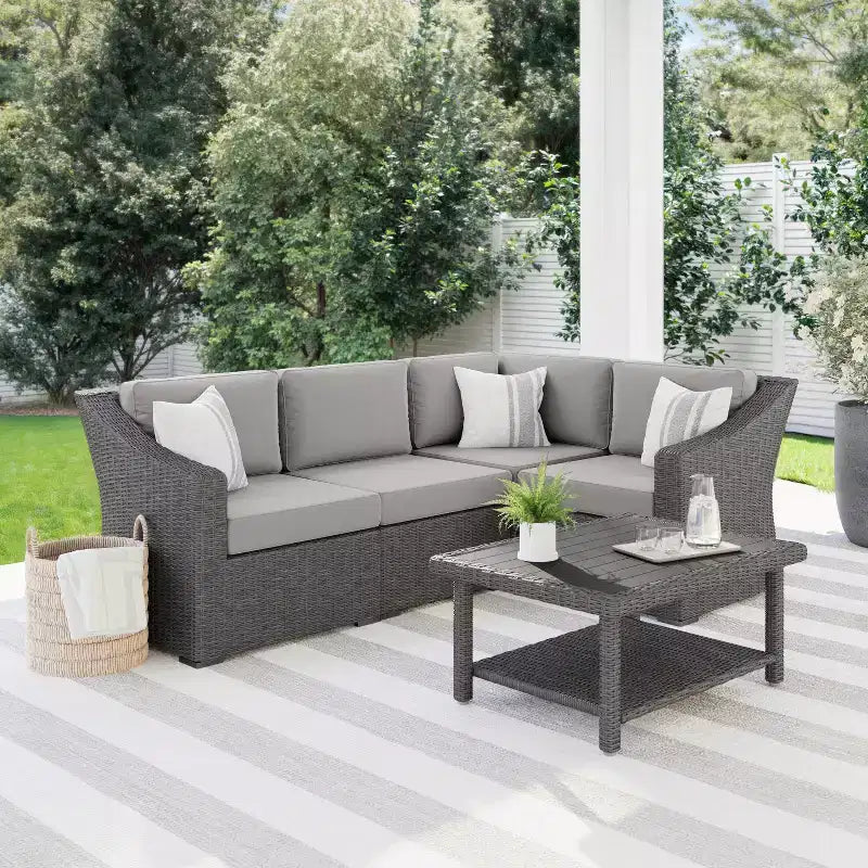 Martha Stewart Bedford Indoor-Outdoor Modular Patio 4-Seat Sectional Sofa in Rattan Wicker with All-Weather Cushions
