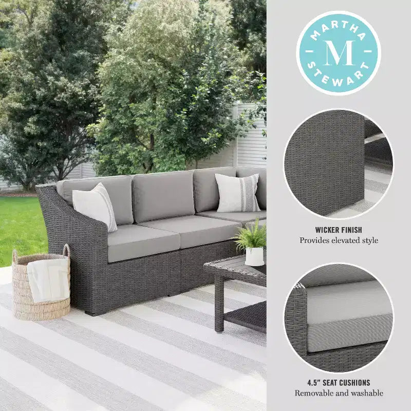 Martha Stewart Bedford Indoor-Outdoor Modular Patio 4-Seat Sectional Sofa in Rattan Wicker with All-Weather Cushions