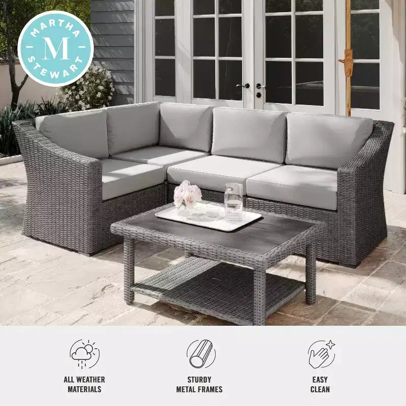 Martha Stewart Bedford Indoor-Outdoor Modular Patio 4-Seat Sectional Sofa in Rattan Wicker with All-Weather Cushions