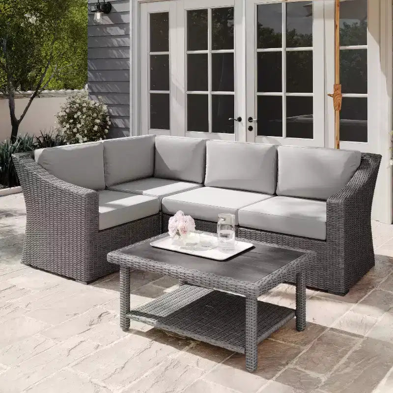 Martha Stewart Bedford Indoor-Outdoor Modular Patio 4-Seat Sectional Sofa in Rattan Wicker with All-Weather Cushions