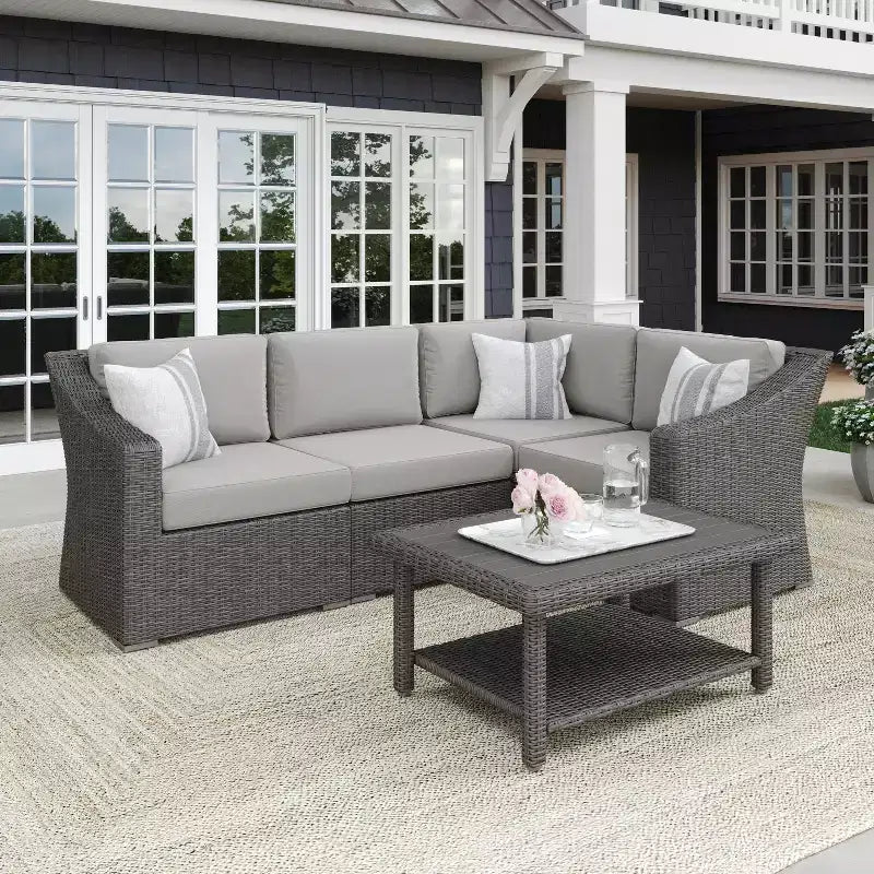 Martha Stewart Bedford Indoor-Outdoor Modular Patio 4-Seat Sectional Sofa in Rattan Wicker with All-Weather Cushions