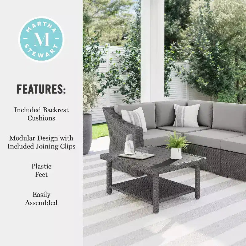 Martha Stewart Bedford Indoor-Outdoor Modular Patio 4-Seat Sectional Sofa in Rattan Wicker with All-Weather Cushions