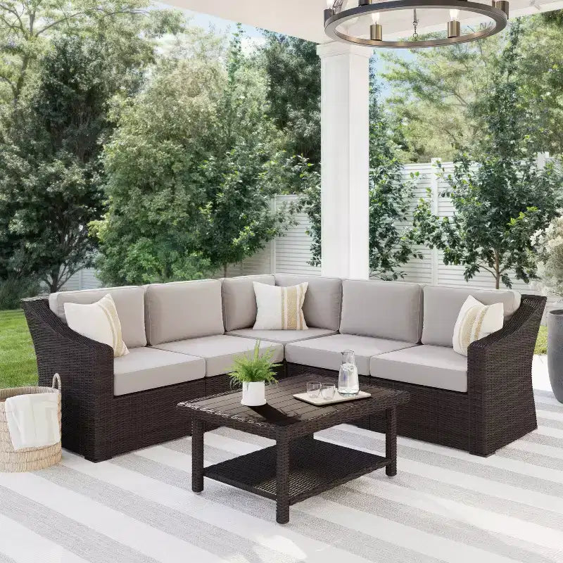Martha Stewart Bedford Indoor-Outdoor Modular Patio 5-Seat Sectional Sofa in Rattan Wicker with All-Weather Cushions