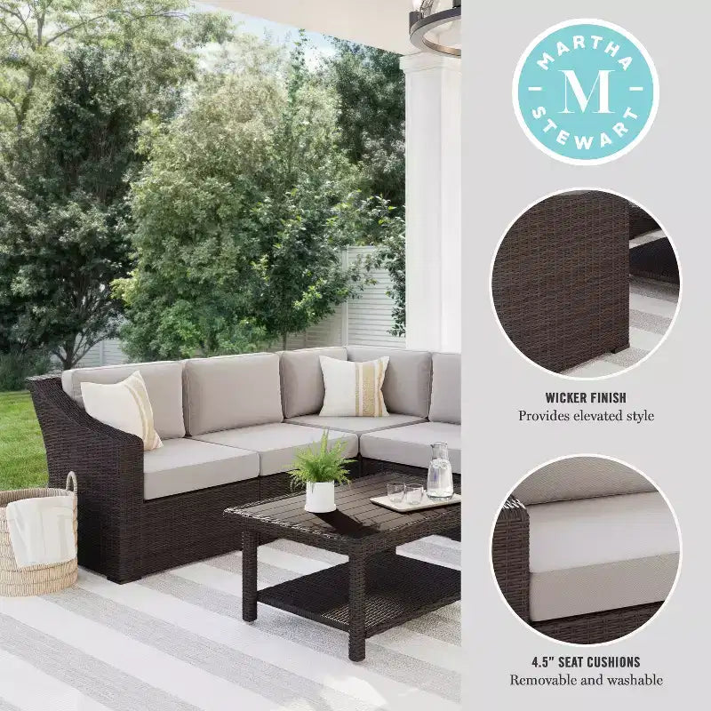 Martha Stewart Bedford Indoor-Outdoor Modular Patio 5-Seat Sectional Sofa in Rattan Wicker with All-Weather Cushions