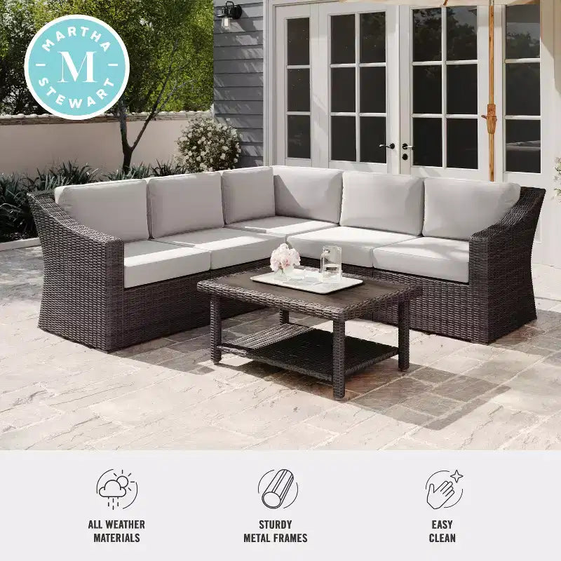 Martha Stewart Bedford Indoor-Outdoor Modular Patio 5-Seat Sectional Sofa in Rattan Wicker with All-Weather Cushions
