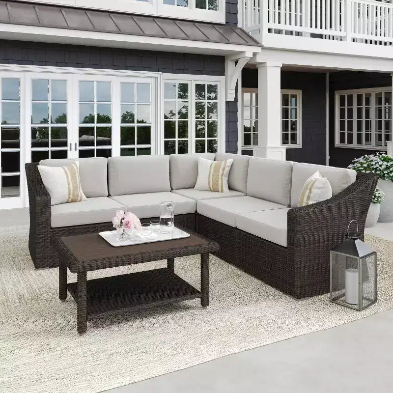 Martha Stewart Bedford Indoor-Outdoor Modular Patio 5-Seat Sectional Sofa in Rattan Wicker with All-Weather Cushions