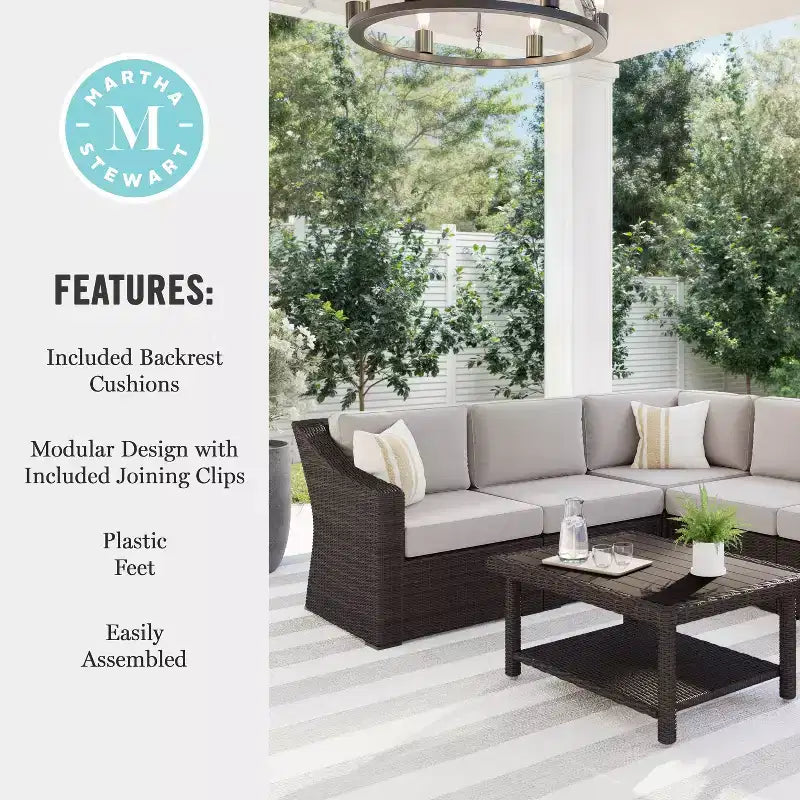 Martha Stewart Bedford Indoor-Outdoor Modular Patio 5-Seat Sectional Sofa in Rattan Wicker with All-Weather Cushions