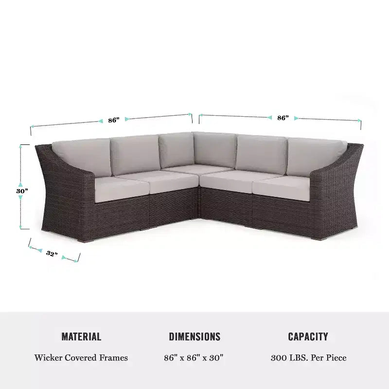 Martha Stewart Bedford Indoor-Outdoor Modular Patio 5-Seat Sectional Sofa in Rattan Wicker with All-Weather Cushions