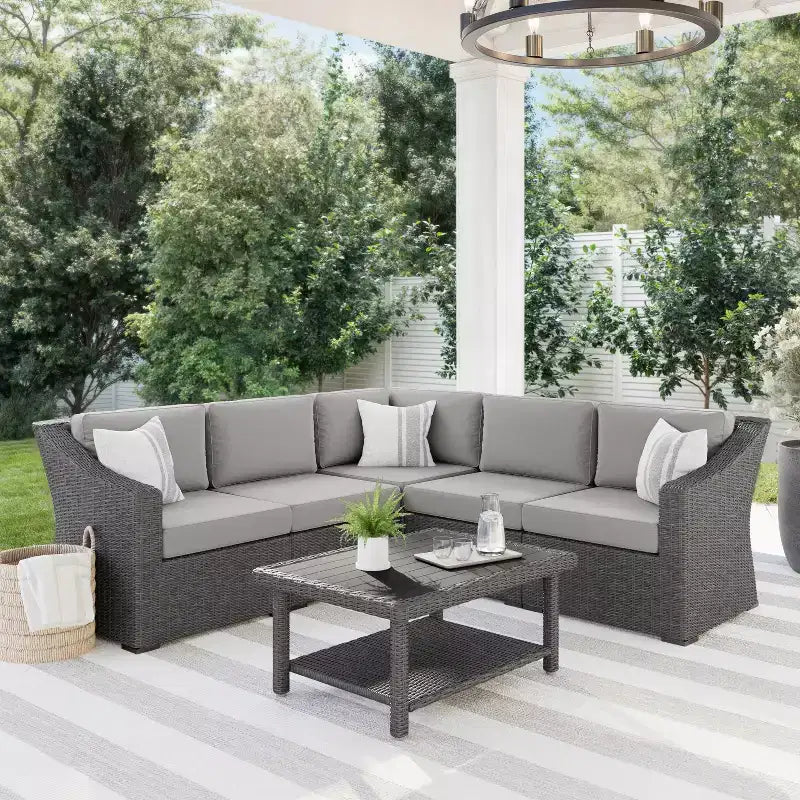Martha Stewart Bedford Indoor-Outdoor Modular Patio 5-Seat Sectional Sofa in Rattan Wicker with All-Weather Cushions