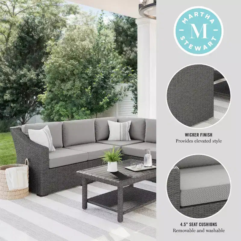 Martha Stewart Bedford Indoor-Outdoor Modular Patio 5-Seat Sectional Sofa in Rattan Wicker with All-Weather Cushions