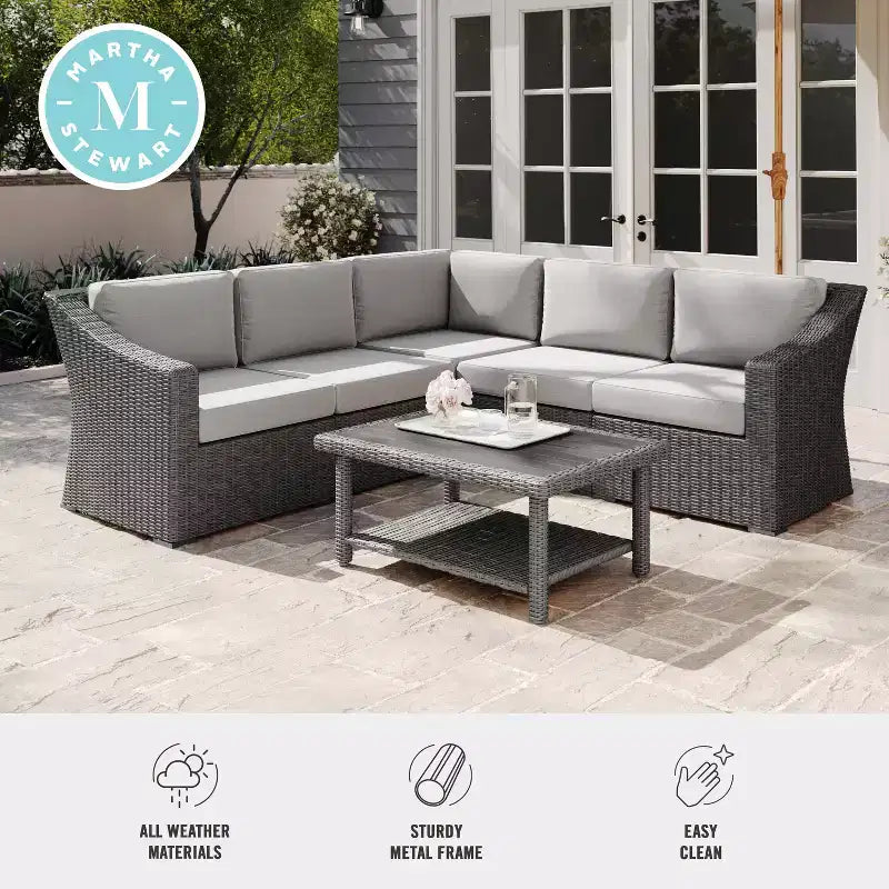 Martha Stewart Bedford Indoor-Outdoor Modular Patio 5-Seat Sectional Sofa in Rattan Wicker with All-Weather Cushions