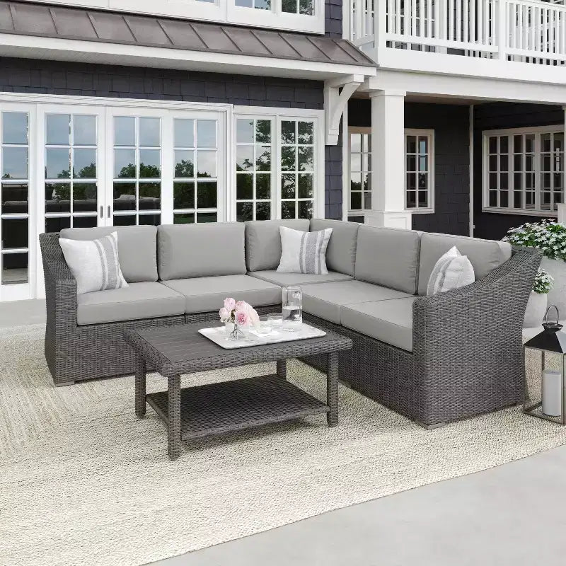 Martha Stewart Bedford Indoor-Outdoor Modular Patio 5-Seat Sectional Sofa in Rattan Wicker with All-Weather Cushions
