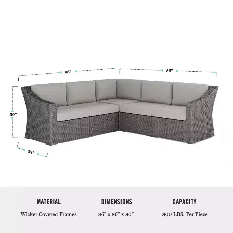 Martha Stewart Bedford Indoor-Outdoor Modular Patio 5-Seat Sectional Sofa in Rattan Wicker with All-Weather Cushions