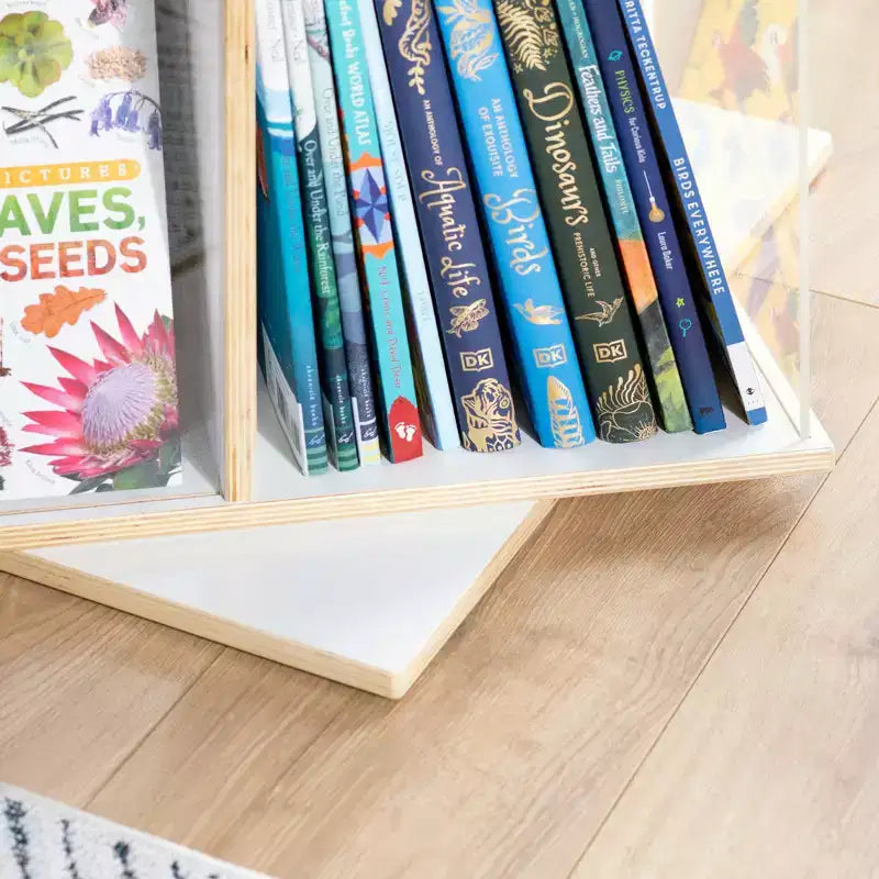 EdQ Rotating Big Book DisplayWhite: 3-Tier Kids Bookshelf for Classroom Storage, Book Organizer with Acrylic Shelves for Homeschool Organization