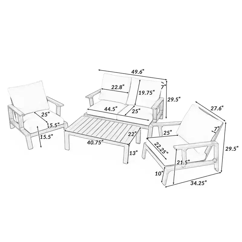 Ensemble de 4 pièces de sièges rembourrés d'extérieur en bois d'acacia au design rustique à lattes Doris de Scott Living
