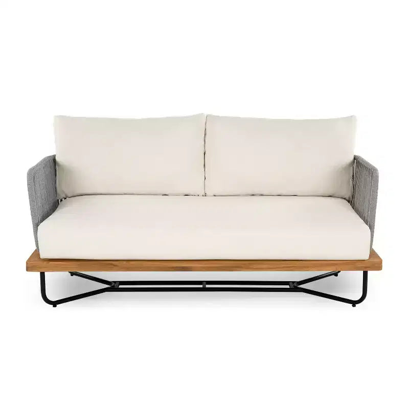 Christopher Knight Home Ofra Ensemble de chaises de jardin tressées en corde, acacia et fer, avec 7 coussins résistants à l'eau