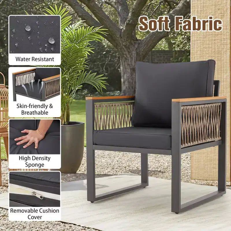 EROMMY 4pcs Modern Metal Patio Furniture Set, All-Weather Outdoor Conversation Set with Removable Washable Cushions & PE Woven Rattan